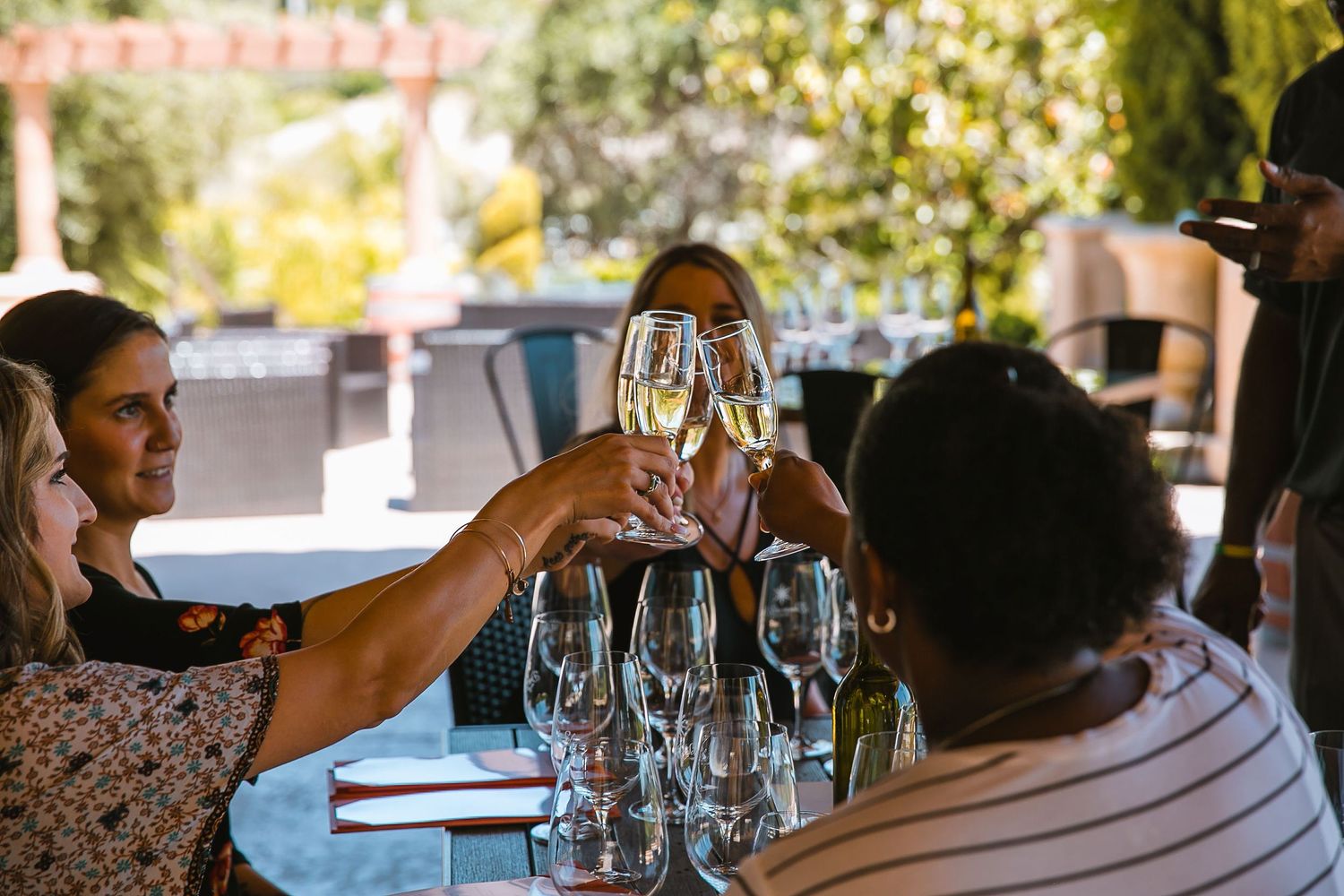 Group of friends toasting with champagne glasses at an outdoor winery dining table on a sunny day.