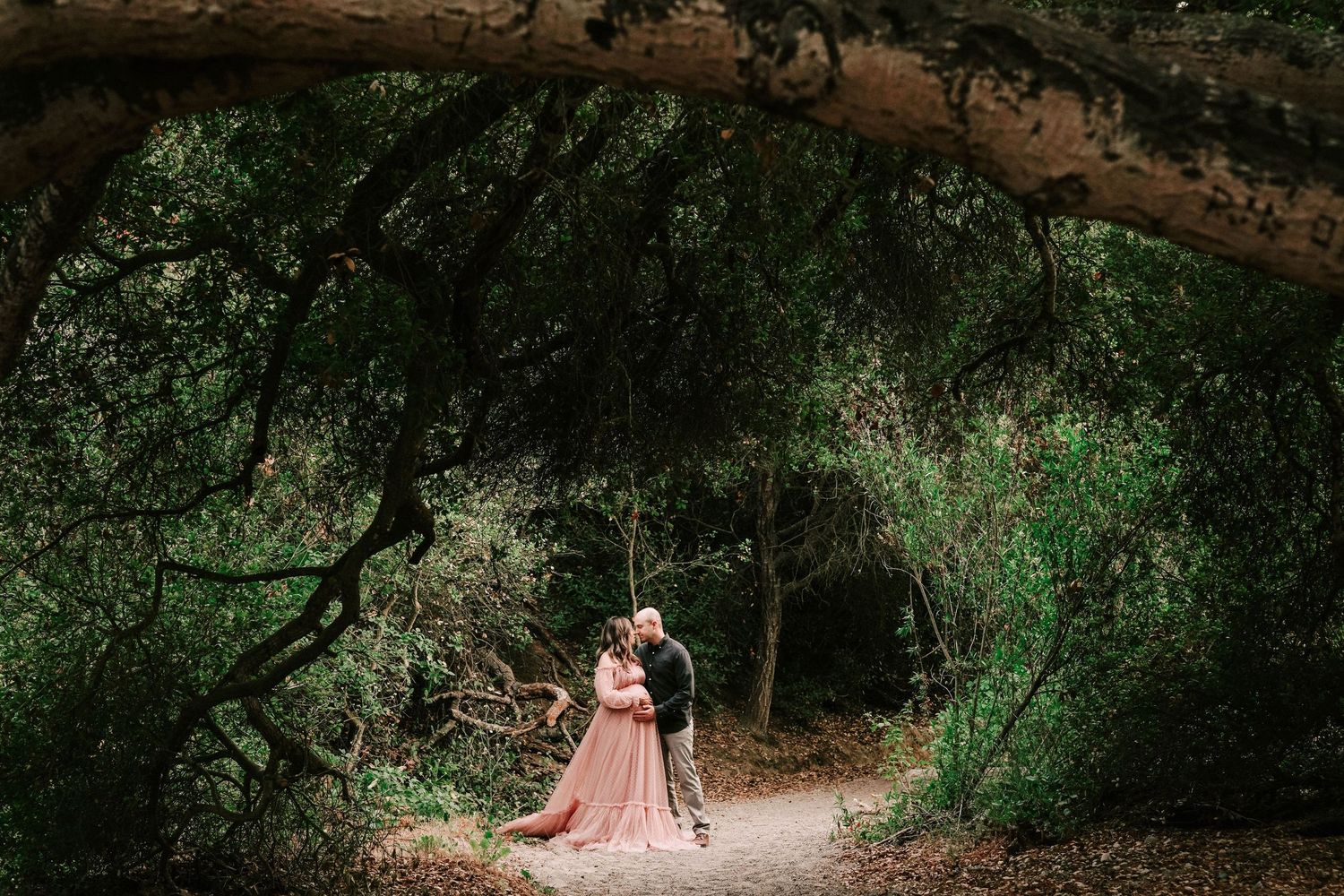 Couple embracing on a forest path, surrounded by lush green trees, woman in flowing pink gown, romantic outdoor maternity shoot.