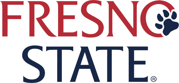 Fresno State university logo with red and navy blue text and a blue bulldog paw print icon.