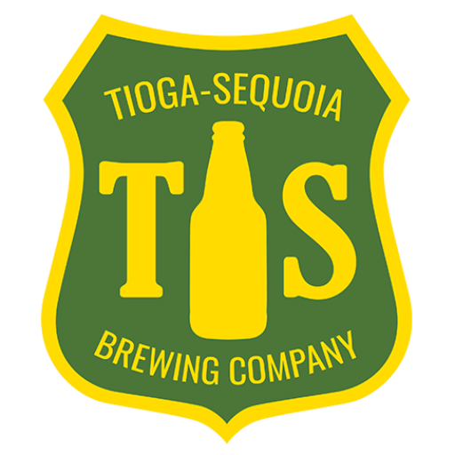 Tioga-Sequoia Brewing Company green shield logo with yellow beer bottle and TS initials.