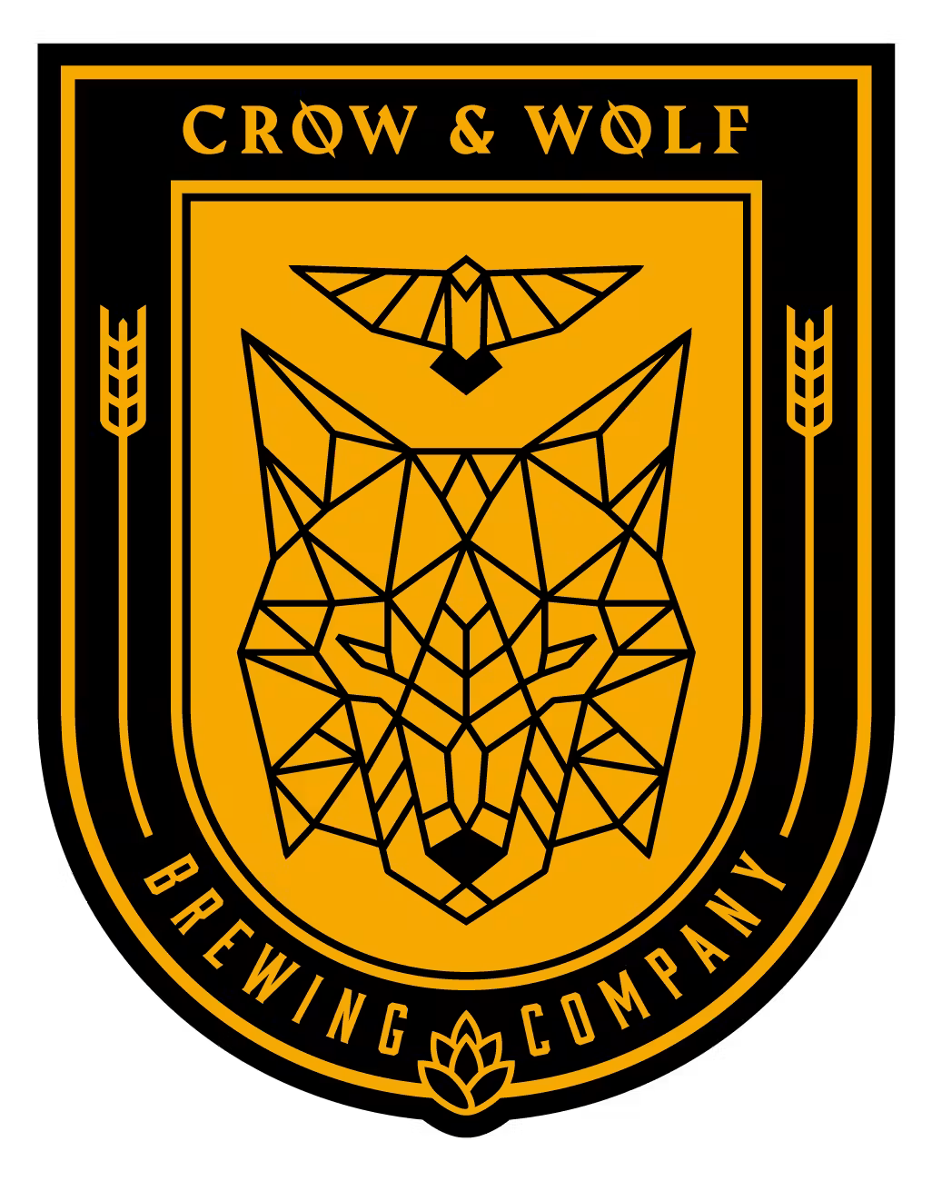 Crow & Wolf Brewing Company gold and black shield logo with geometric wolf and crow design.
