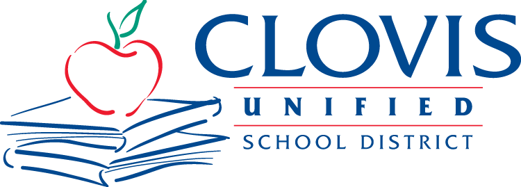 Clovis Unified School District logo featuring a red apple and blue books on white background.