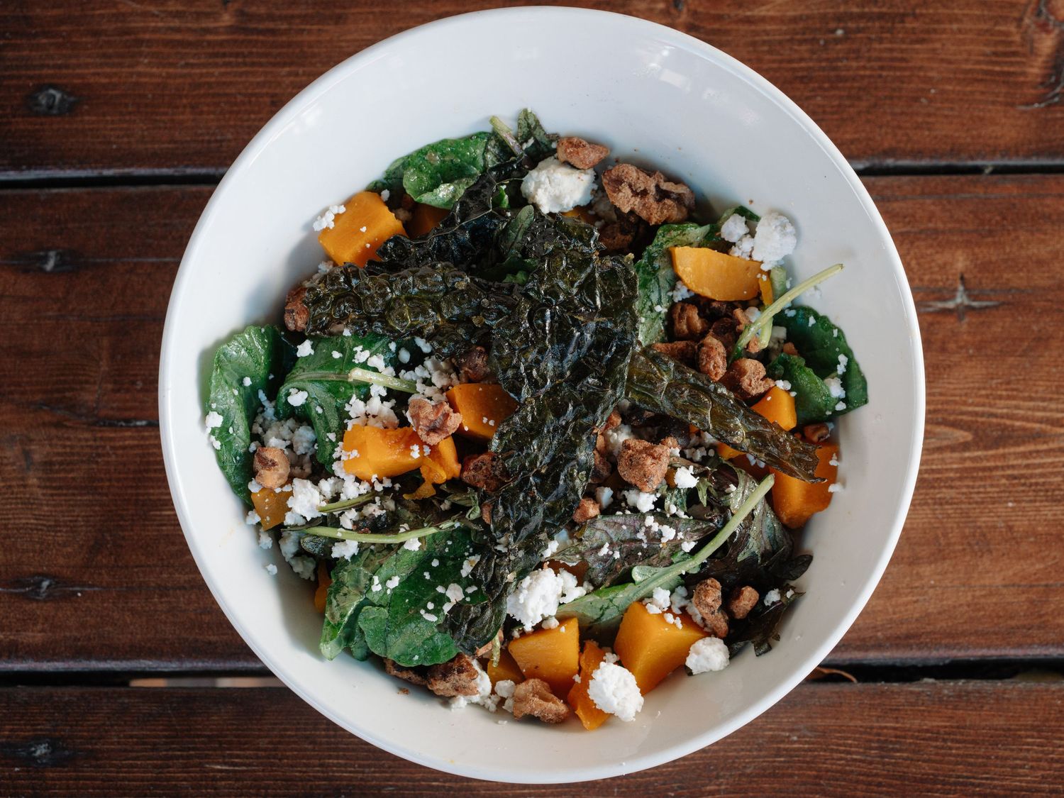 Fresh autumn salad with roasted squash and kale — food styling photography by James Fujita in the Okanagan.