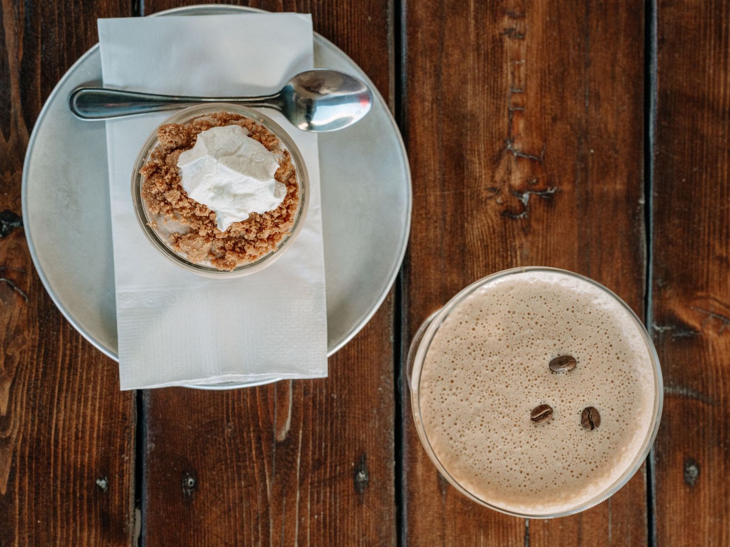 Overhead dessert and espresso martini pairing — luxury restaurant photography in Kelowna, Okanagan Valley.