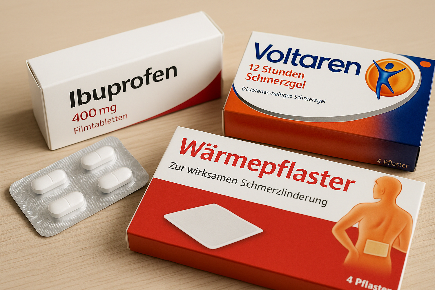 Pain relief medications including Ibuprofen, Voltaren gel and heat patches arranged on beige surface.