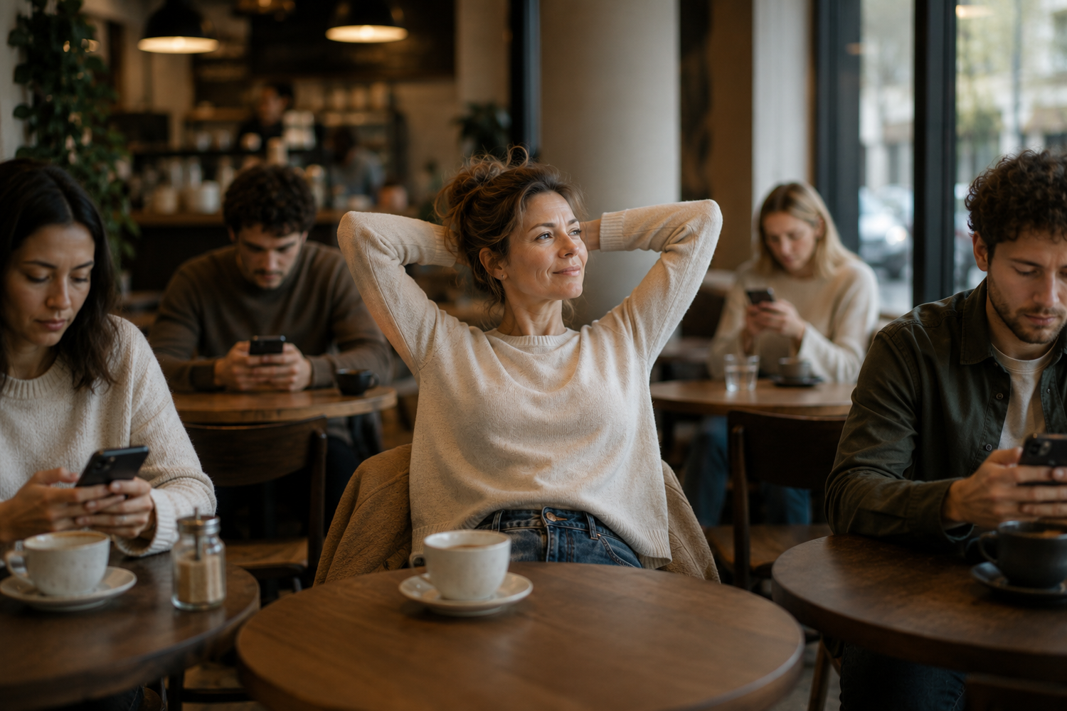 Frau ab 40 genießt einen ruhigen Moment im Café, während Menschen um sie herum auf ihre Handys schauen