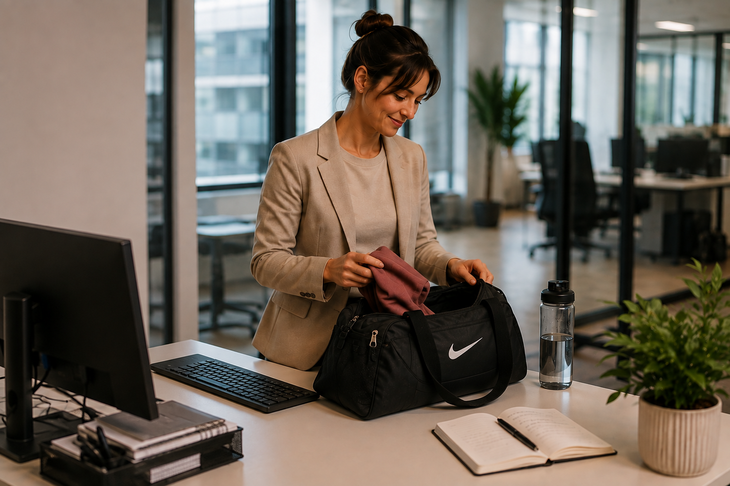 Berufstätige Frau hat ihre Sporttasche mit ins Büro genommen und integriert Training in ihren Alltag