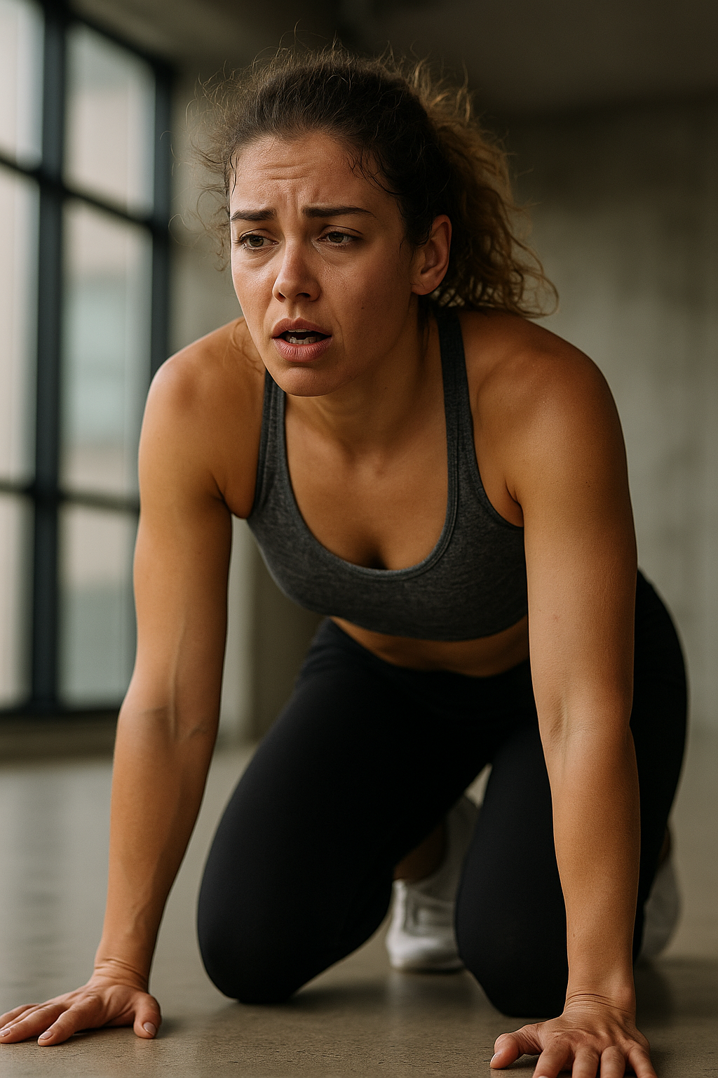 Person in dark athletic wear doing an intense workout on indoor floor.