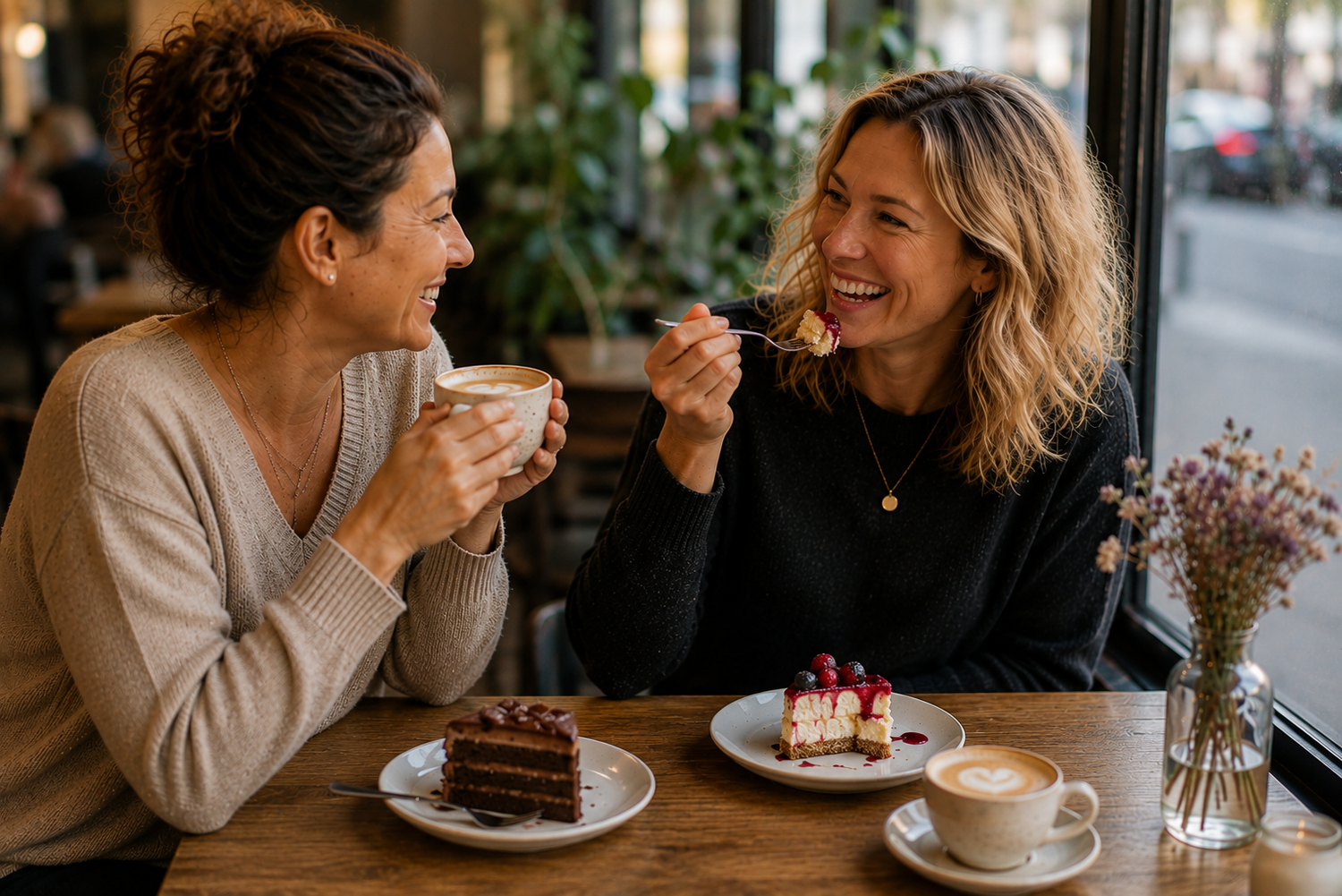 Zwei Frauen genießen gemeinsam Kaffee und Kuchen – gesunde Ernährung ohne Verbote und Verzicht