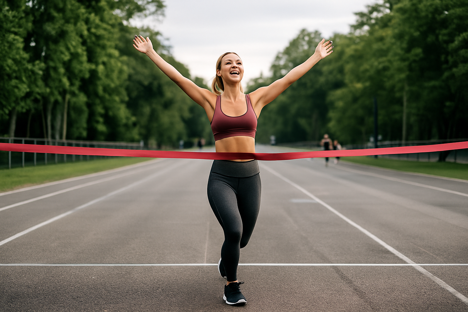 Athletic person breaking through red finish line tape on outdoor running track during race celebration.