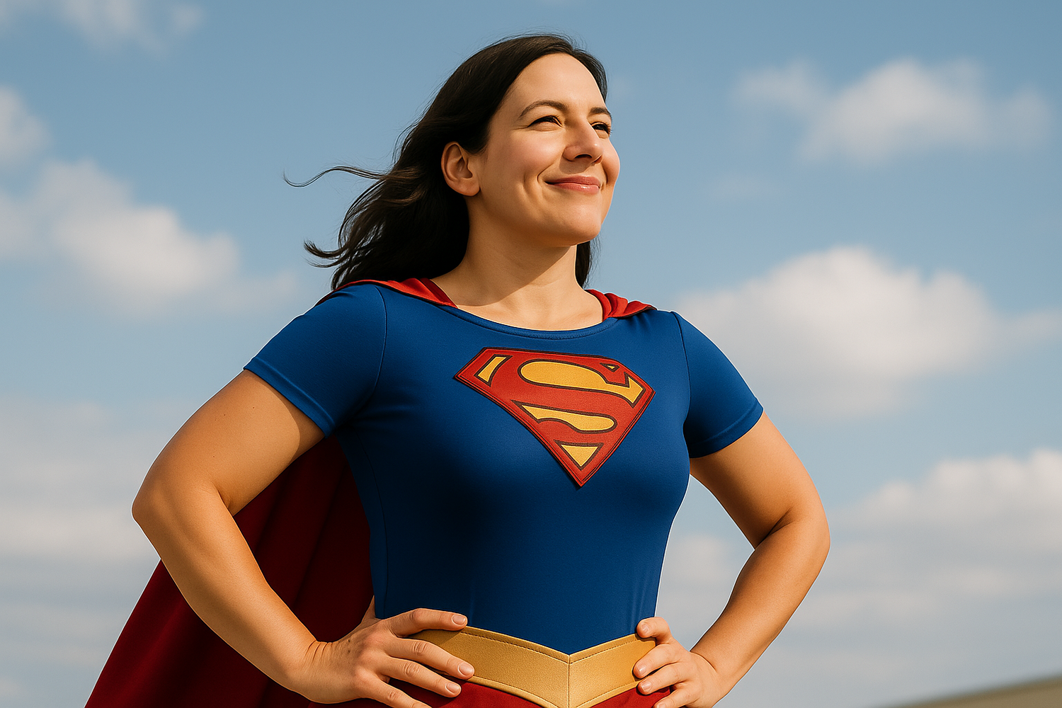 Person wearing Superman costume with cape standing confidently against blue sky.