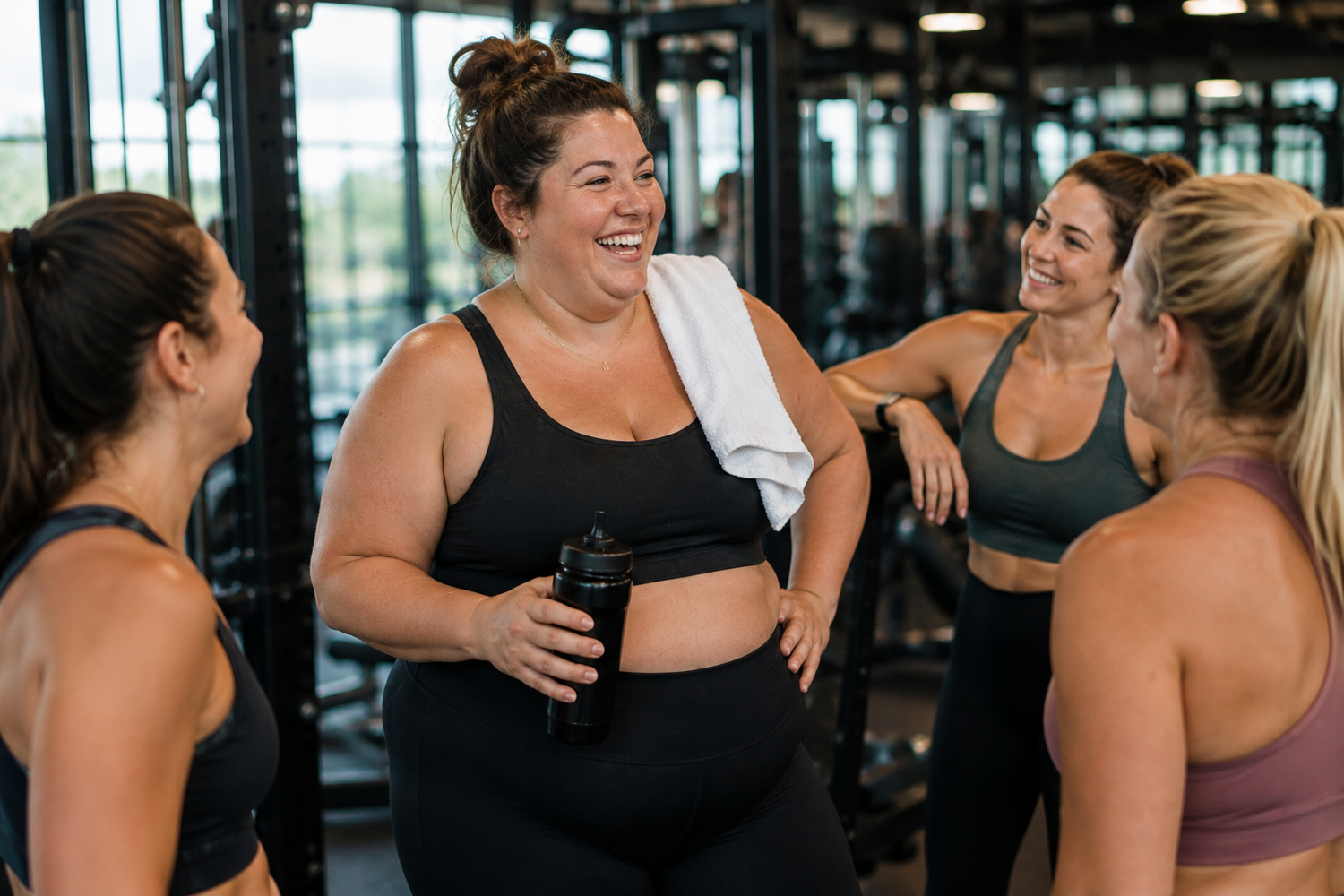 Frau genießt unabhängig von ihrer Körperform das gemeinsame Training im Fitnessstudio