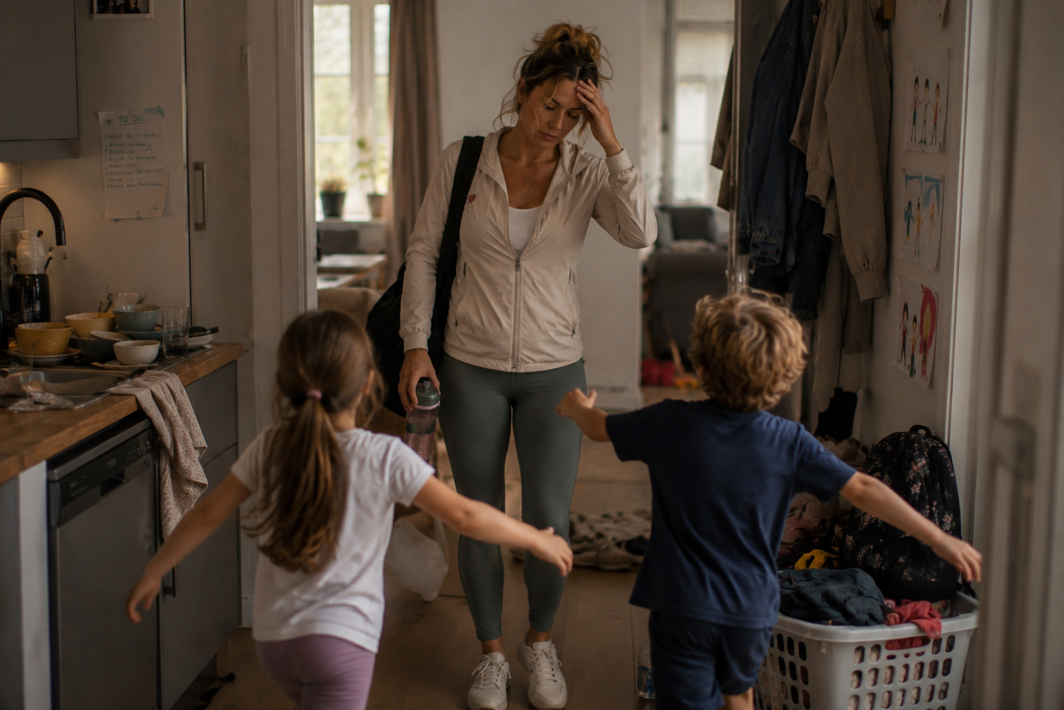 Gestresste Frau in Sportkleidung zwischen Familie und Alltag – zu viel Training kann die Regeneration zusätzlich belasten