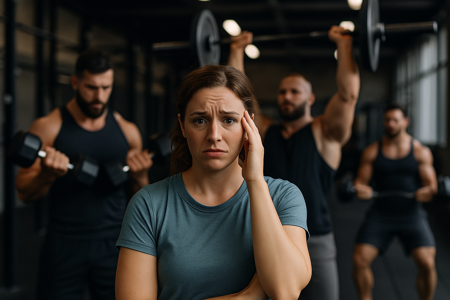 Group of people exercising in dark gym with spotlights overhead.