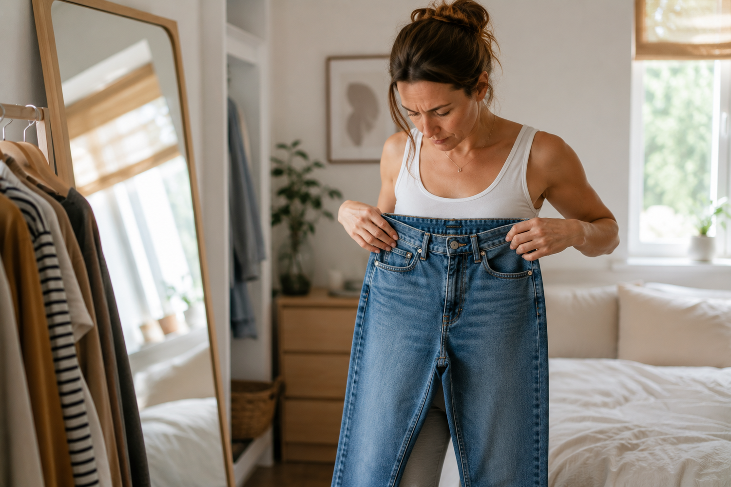 Frau bemerkt, dass ihre Jeans nicht mehr passt – körperliche Veränderungen trotz unverändertem Alltag