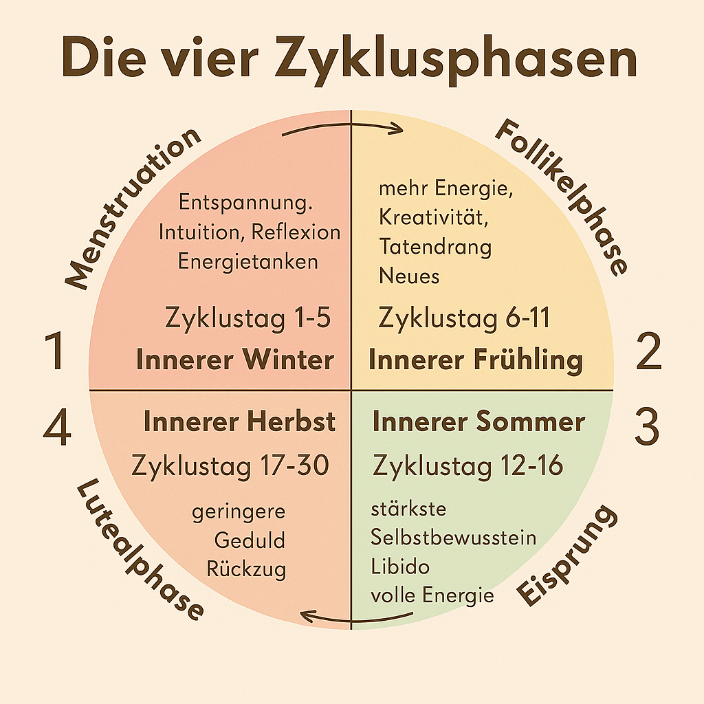 Infographic showing four seasonal cycle phases in German with pink and beige sections.