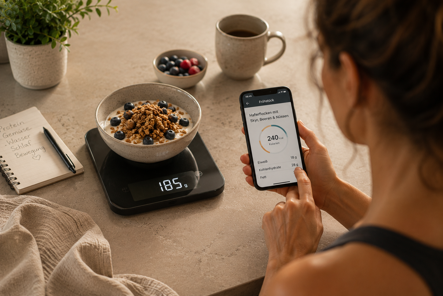 Frau wiegt ihr Frühstück ab und trägt die Kalorien in eine Tracking-App ein