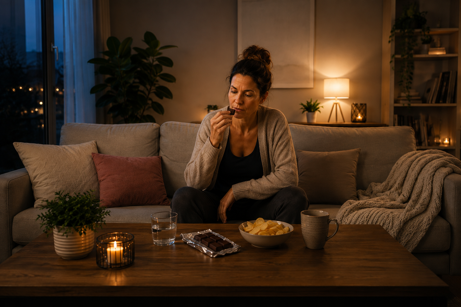Frau sitzt abends auf dem Sofa und greift zu Schokolade und Snacks bei emotionalem Essen