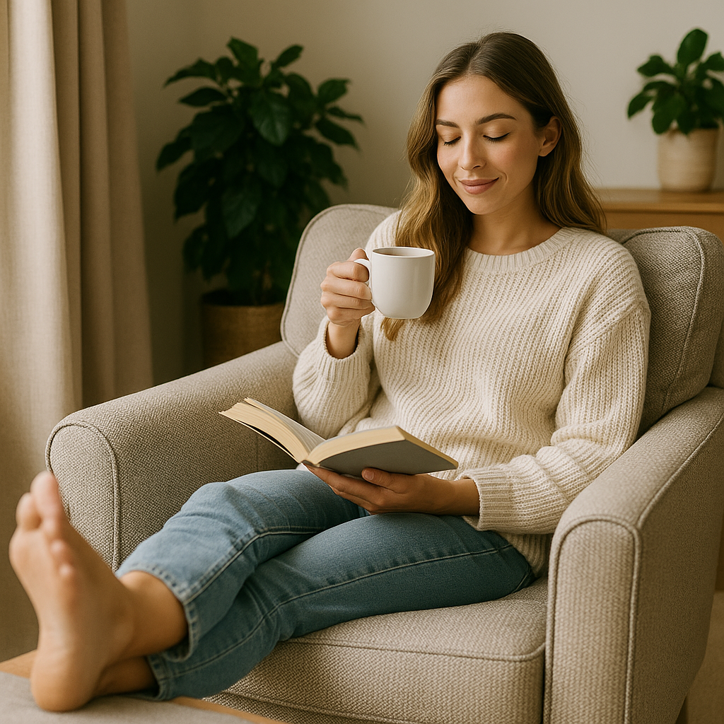 Person relaxing in armchair with book and coffee cup wearing cream sweater and jeans.