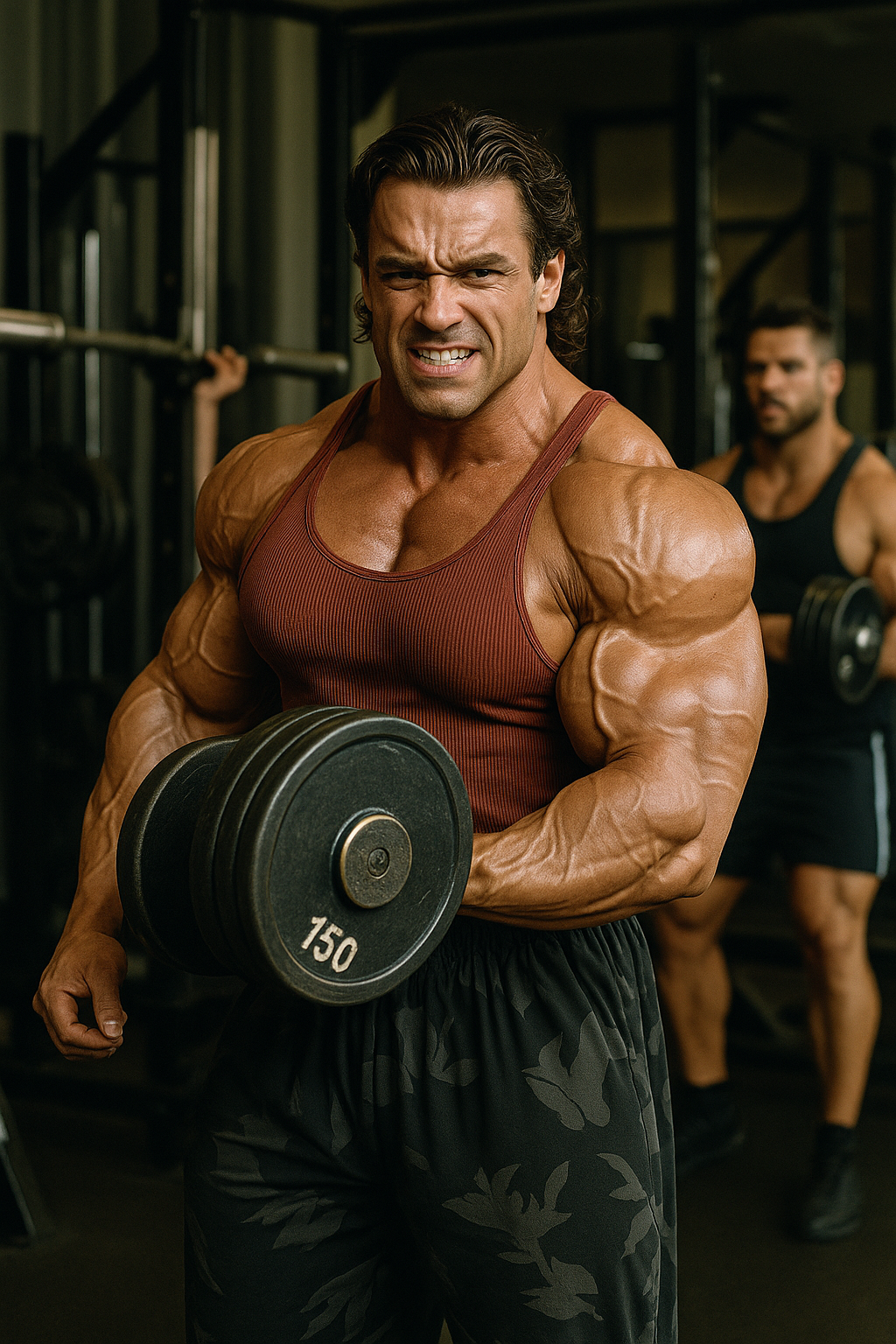 Bodybuilder performing bicep curls with heavy dumbbells in a dark gym setting.