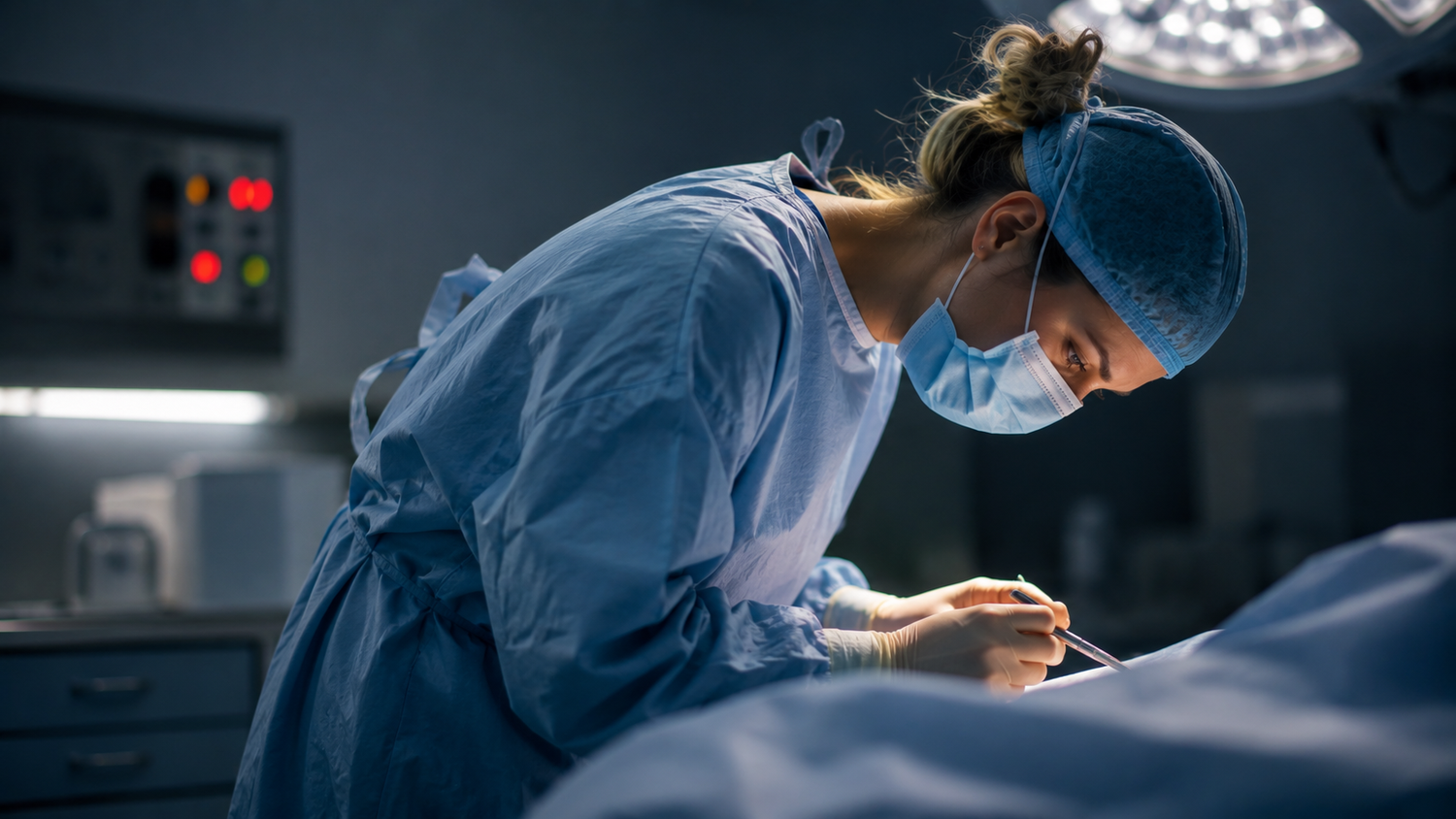 Frau steht nach vorne gebeugt am OP Tisch und operiert einen Patienten. Die einseitige Haltung kann zu Verspannungen und Schmerzen führen