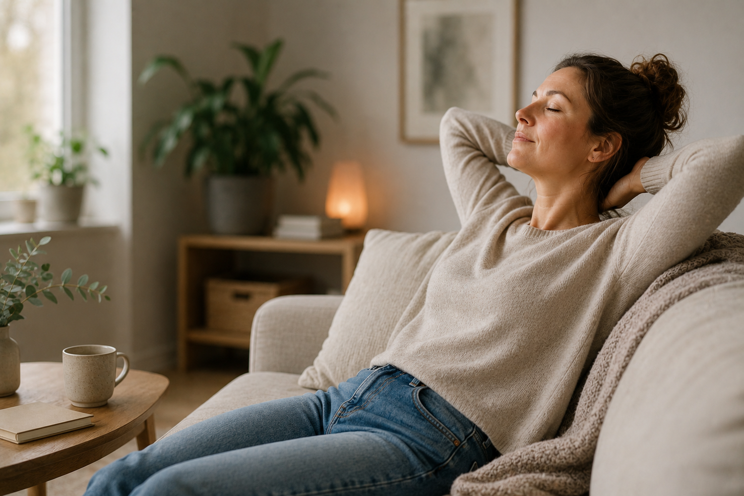 Frau ab 40 entspannt auf dem Sofa und erlaubt sich bewusst eine Pause ohne etwas zu erledigen