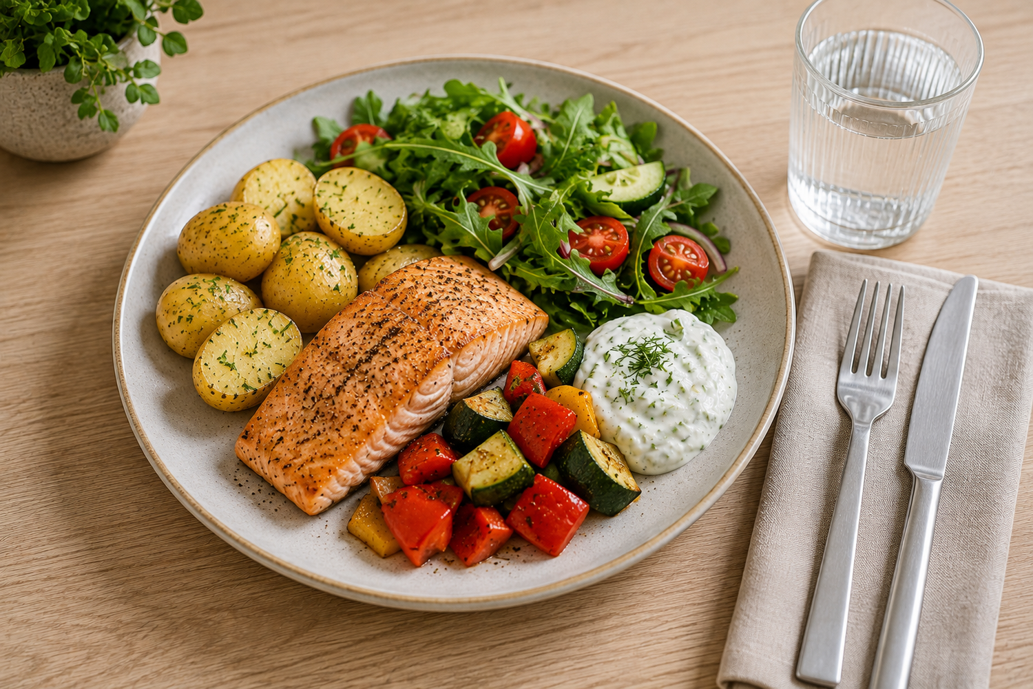 Ausgewogene Mahlzeit mit Lachs, Kartoffeln, Gemüse und Salat als Beispiel für einfache gesunde Ernährung