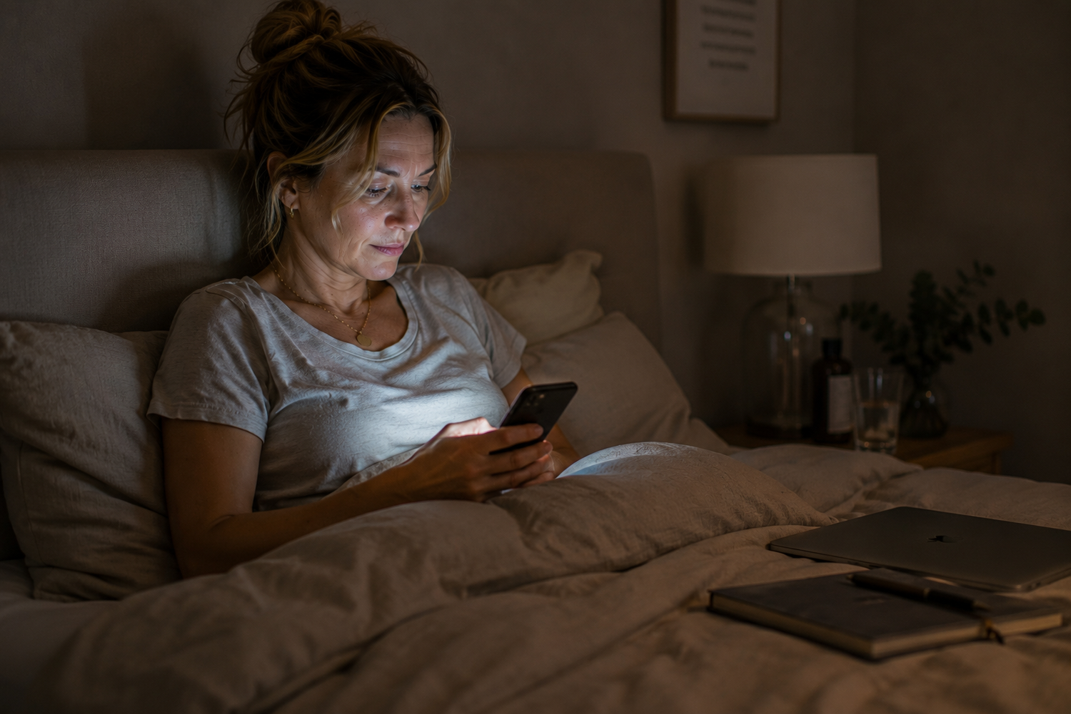Frau liegt abends im Bett und schaut vor dem Schlafengehen auf ihr Smartphone