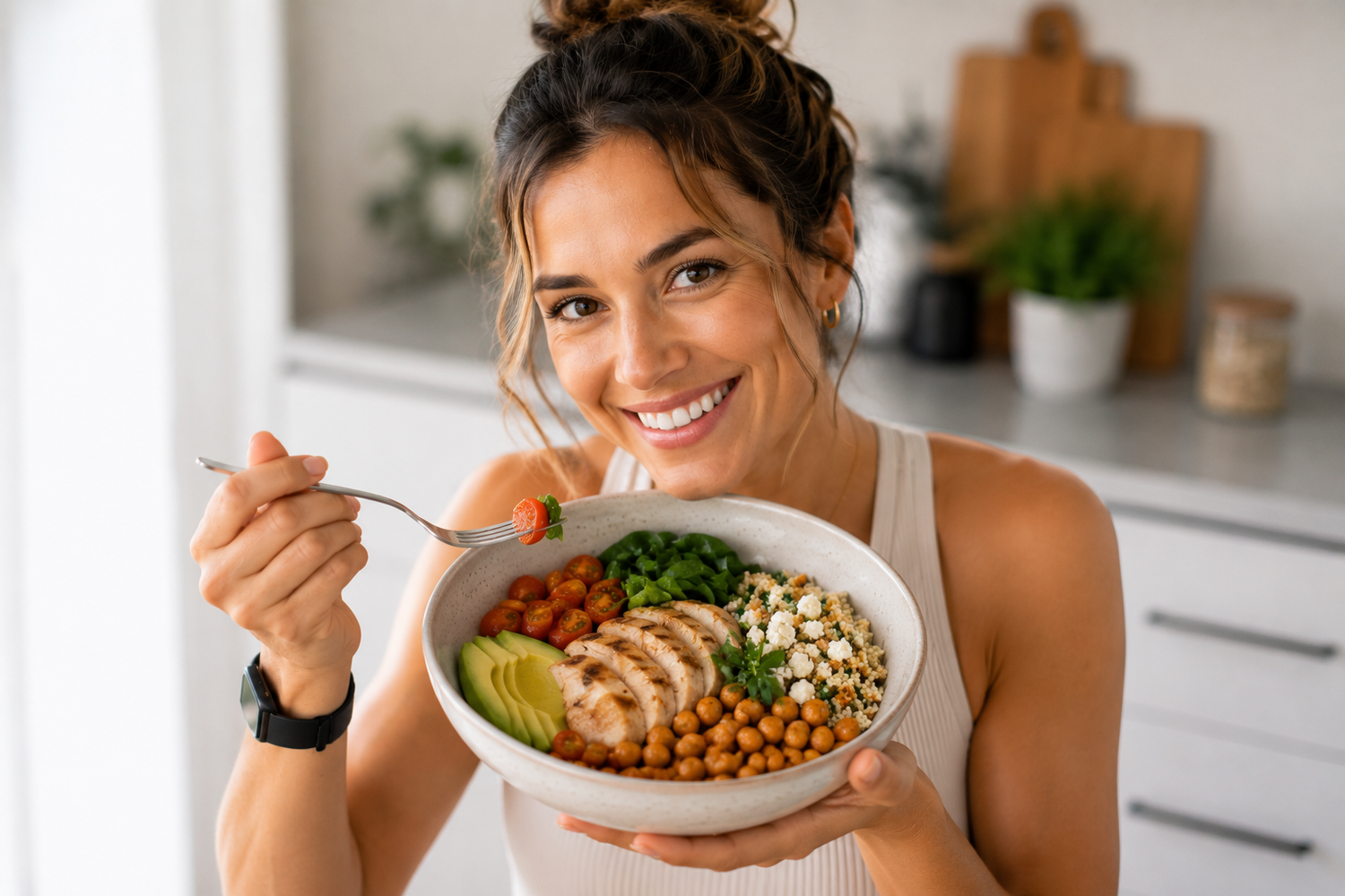 Frau genießt eine ausgewogene Bowl mit Gemüse, Hähnchen, Avocado und weiteren sättigenden Lebensmitteln