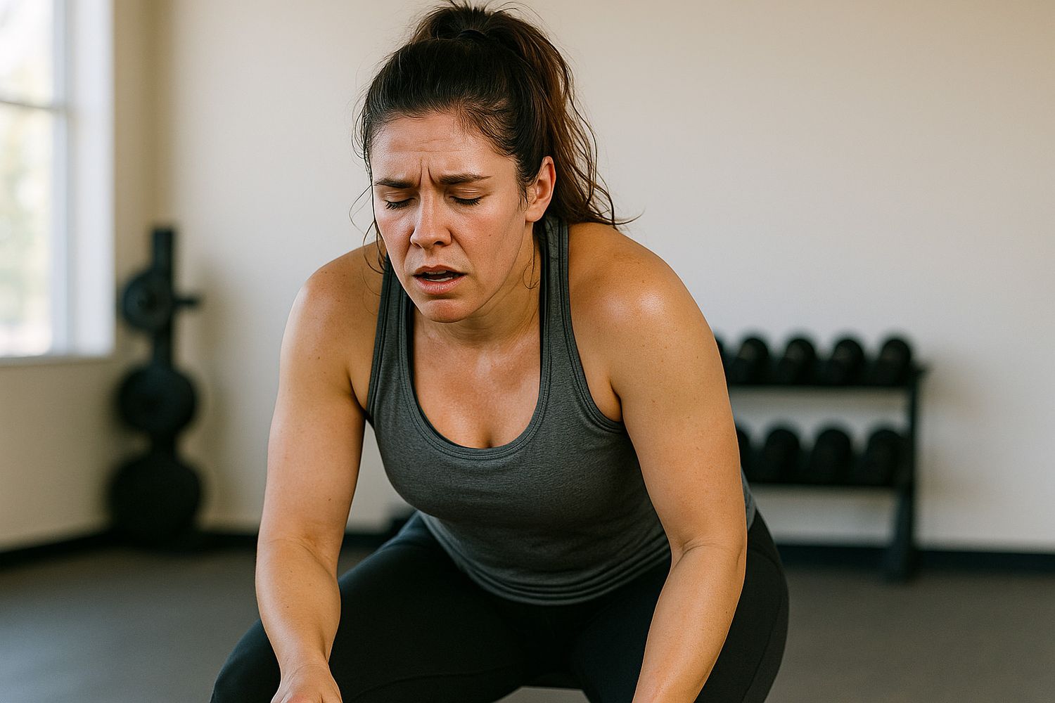 Person in gray tank top doing intense workout in gym with weights visible in background.
