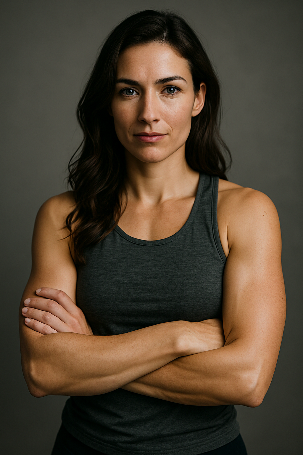 Athletic figure in dark tank top posing with crossed arms against gray background.