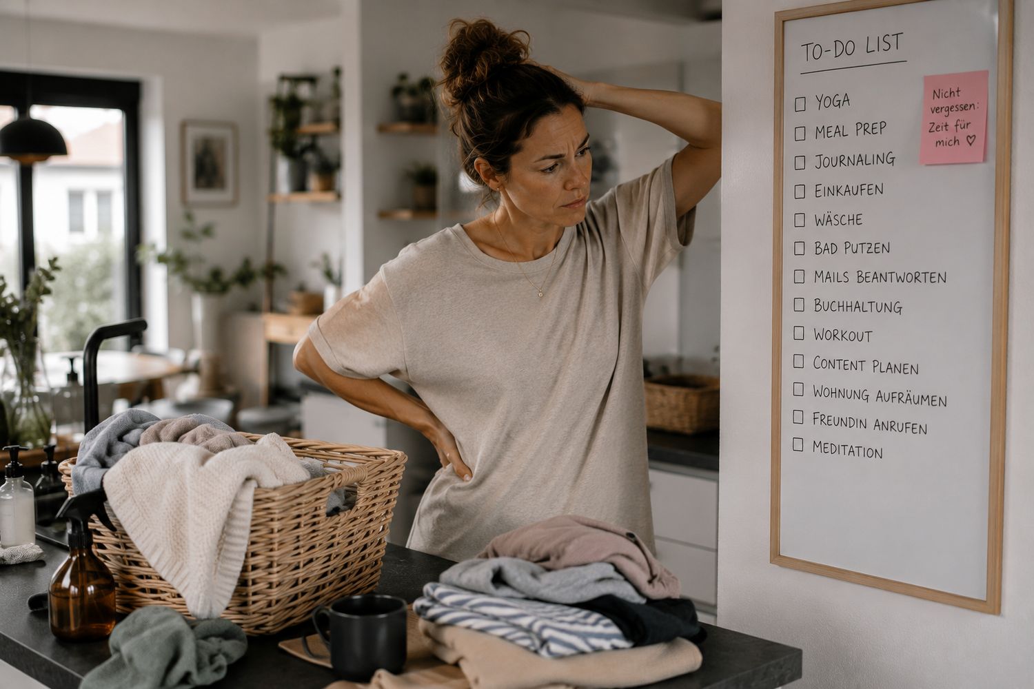 Frau ab 40 blickt angespannt auf ihre To-do-Liste, auf der neben Haushalt und Arbeit auch Yoga, Meal Prep und Journaling stehen