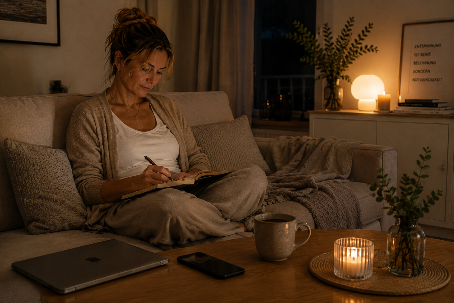 Frau nimmt sich am Abend bewusst Zeit für Ruhe und schreibt in ihr Journal
