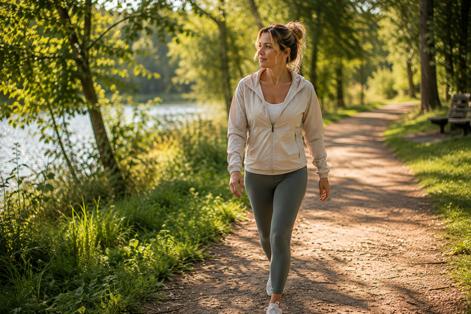 Frau bei einem entspannten Spaziergang – Erholung und Regeneration sind wichtige Bestandteile des Trainingserfolgs