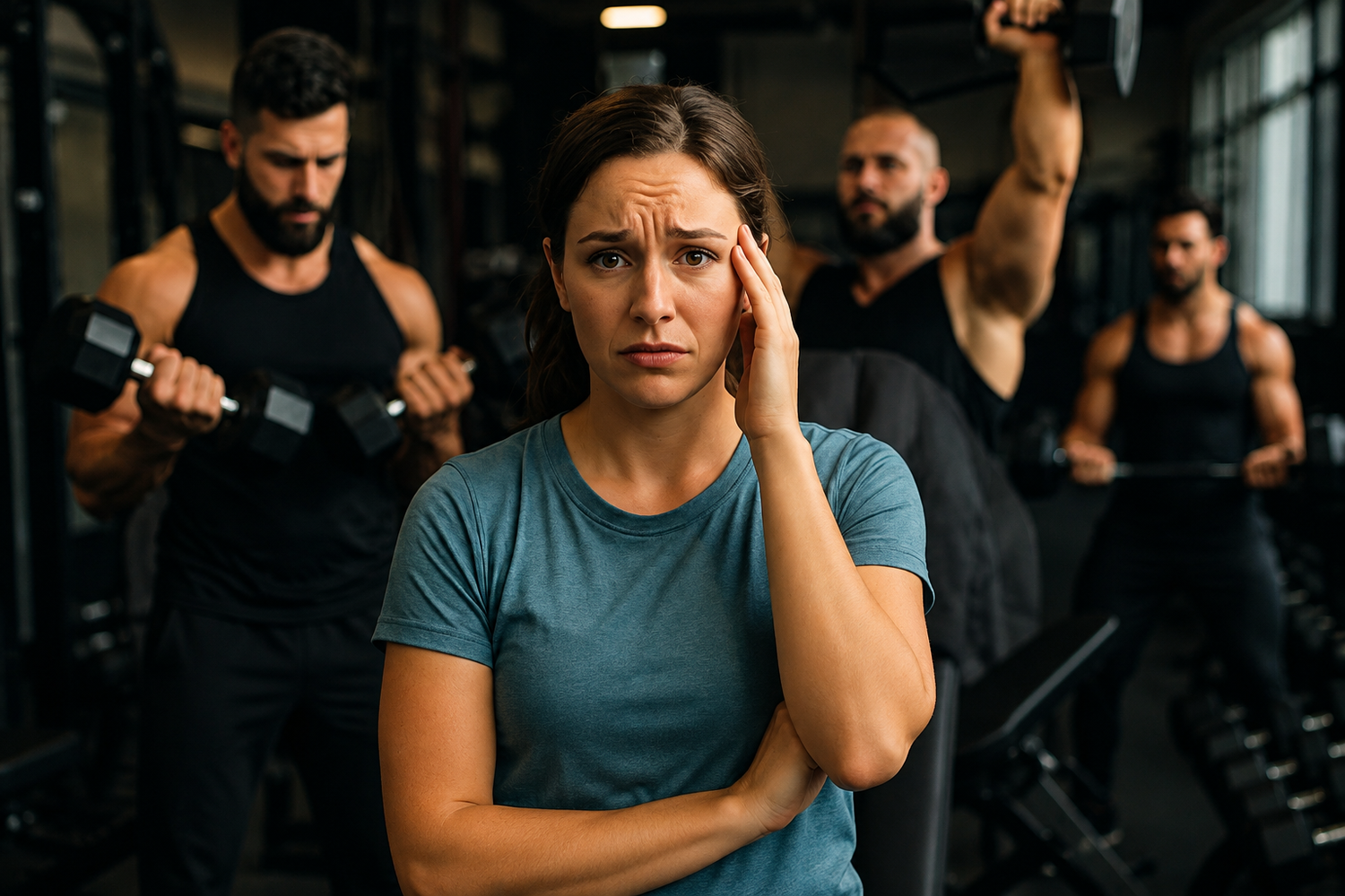 Frau wirkt unsicher im Fitnessstudio, während muskulöse Männer im Hintergrund mit Gewichten trainieren