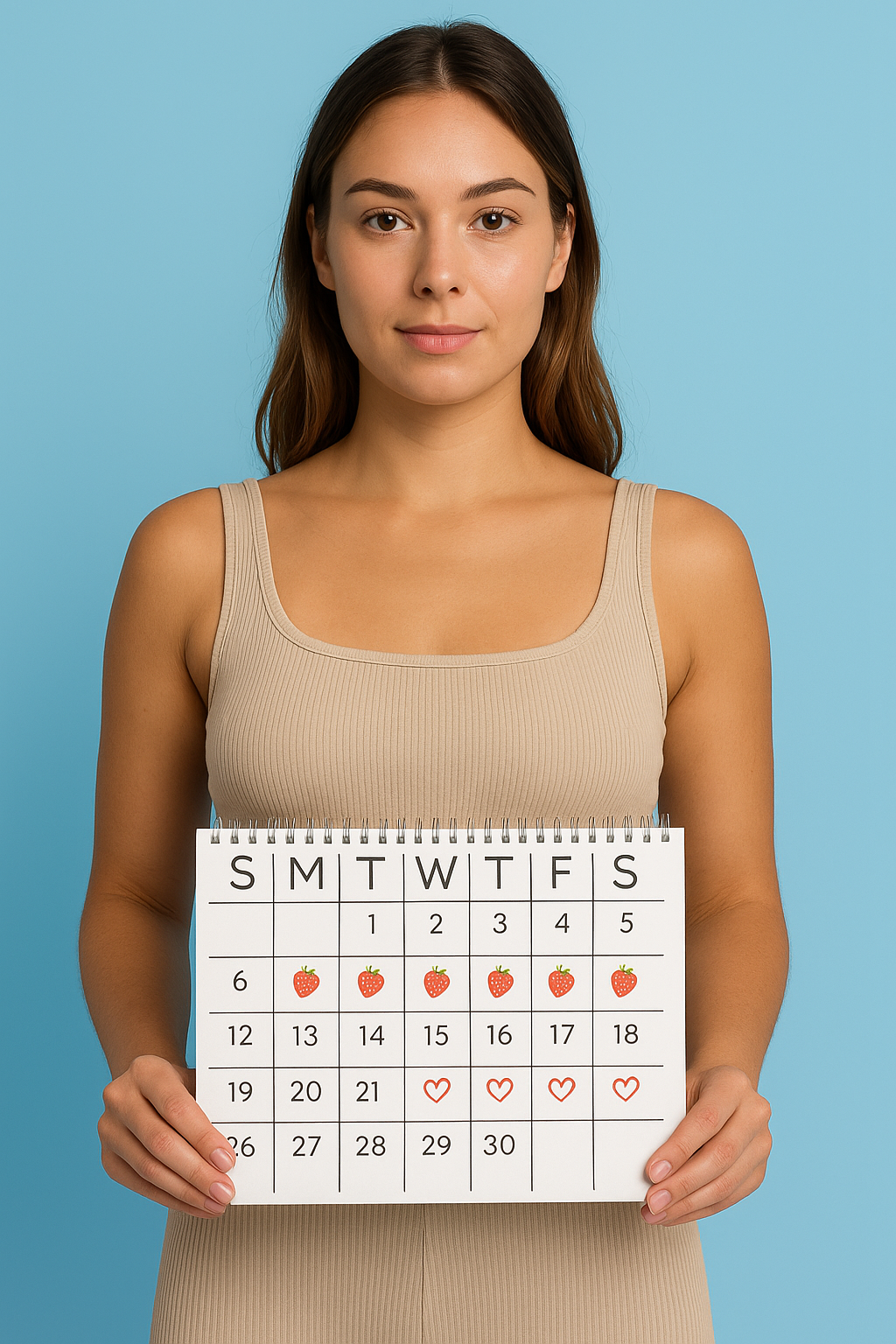 Person holding monthly calendar with marked dates against blue background.