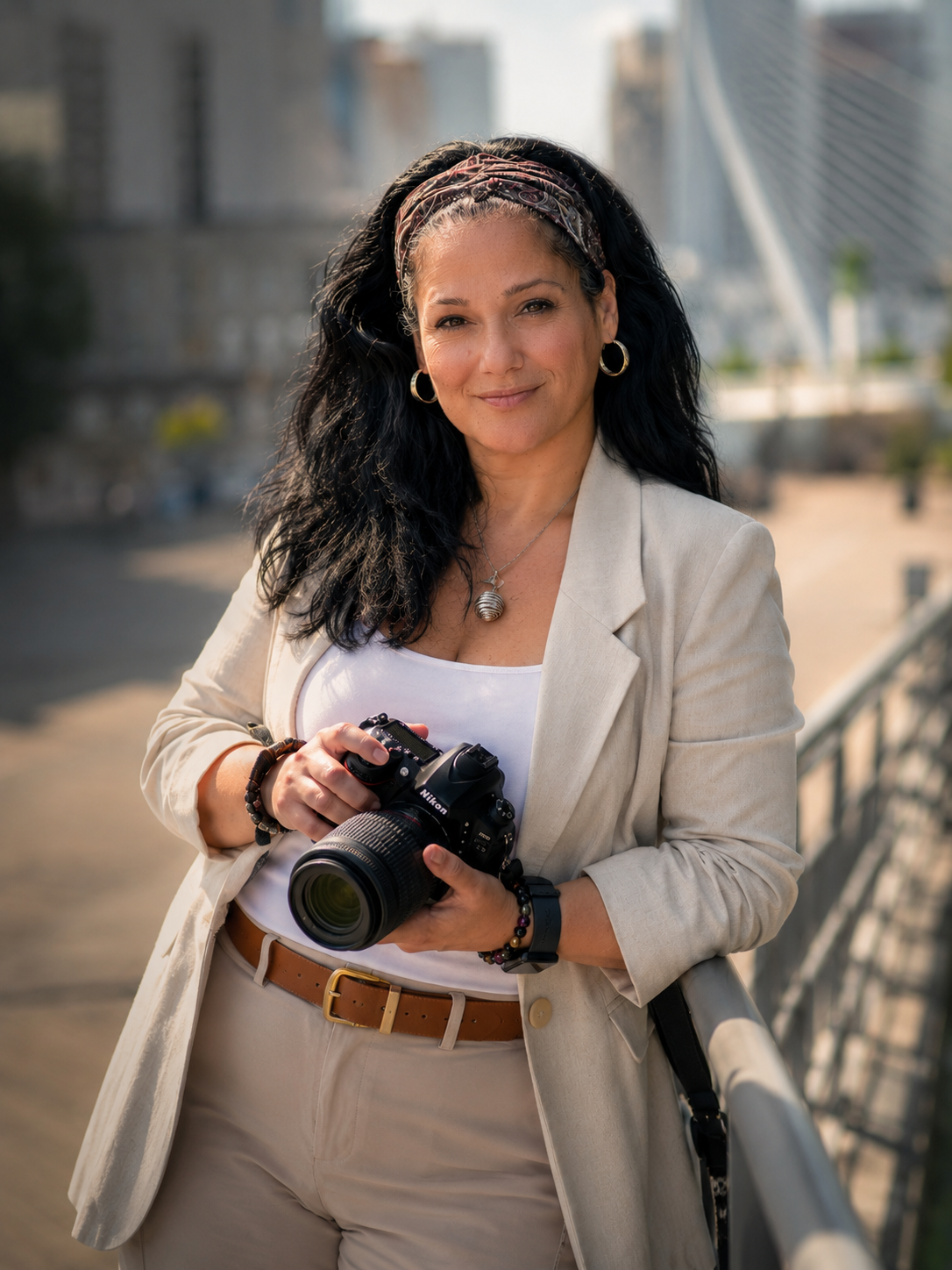 Naomi, personal branding photographer and founder of PixArt by Naomi, holding her camera in Rotterdam.