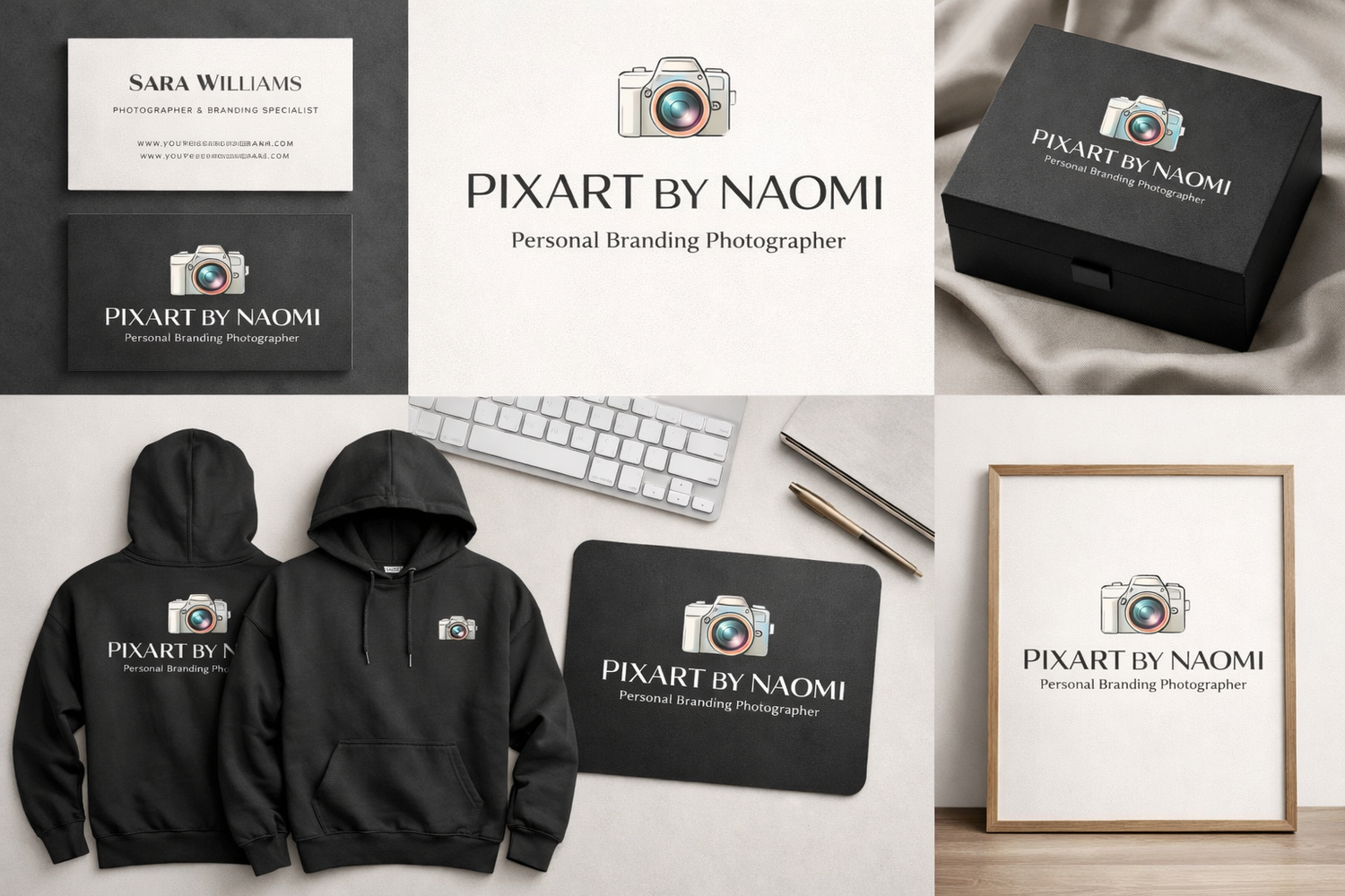 Brand identity and graphic design for PixArt by Naomi, featuring logo design, business cards, branded packaging, apparel and marketing mater