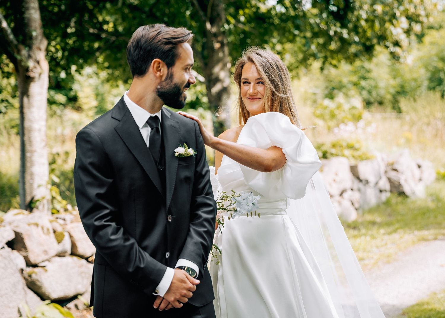 Romantic wedding photo sequence captured outdoors with natural sunlight filtering through trees.