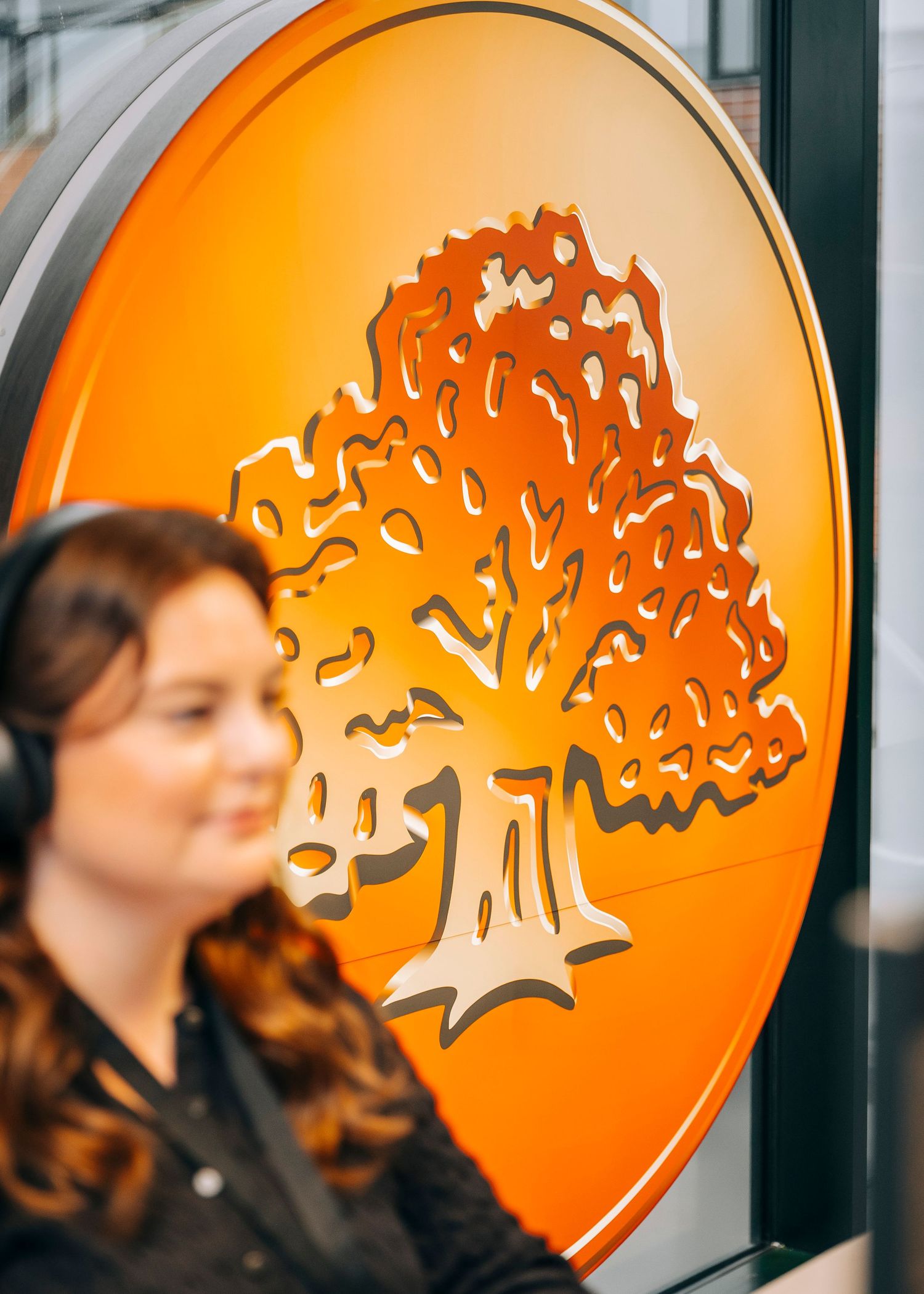 Orange circular logo with tree silhouettes mounted on office wall.