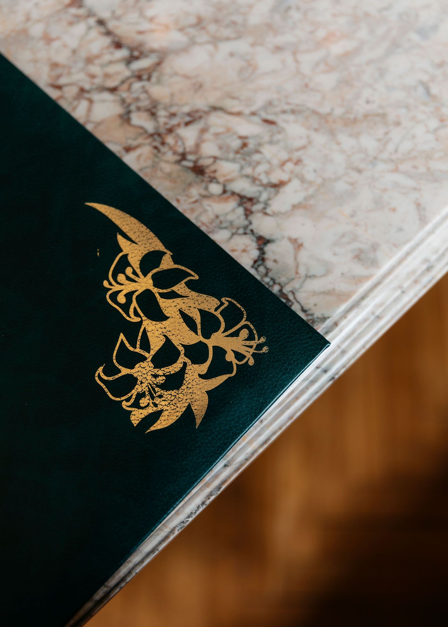 Gold decorative emblem on dark leather surface.
