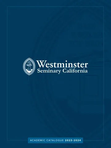 Westminster Seminary California academic catalogue cover with white logo on dark blue background.