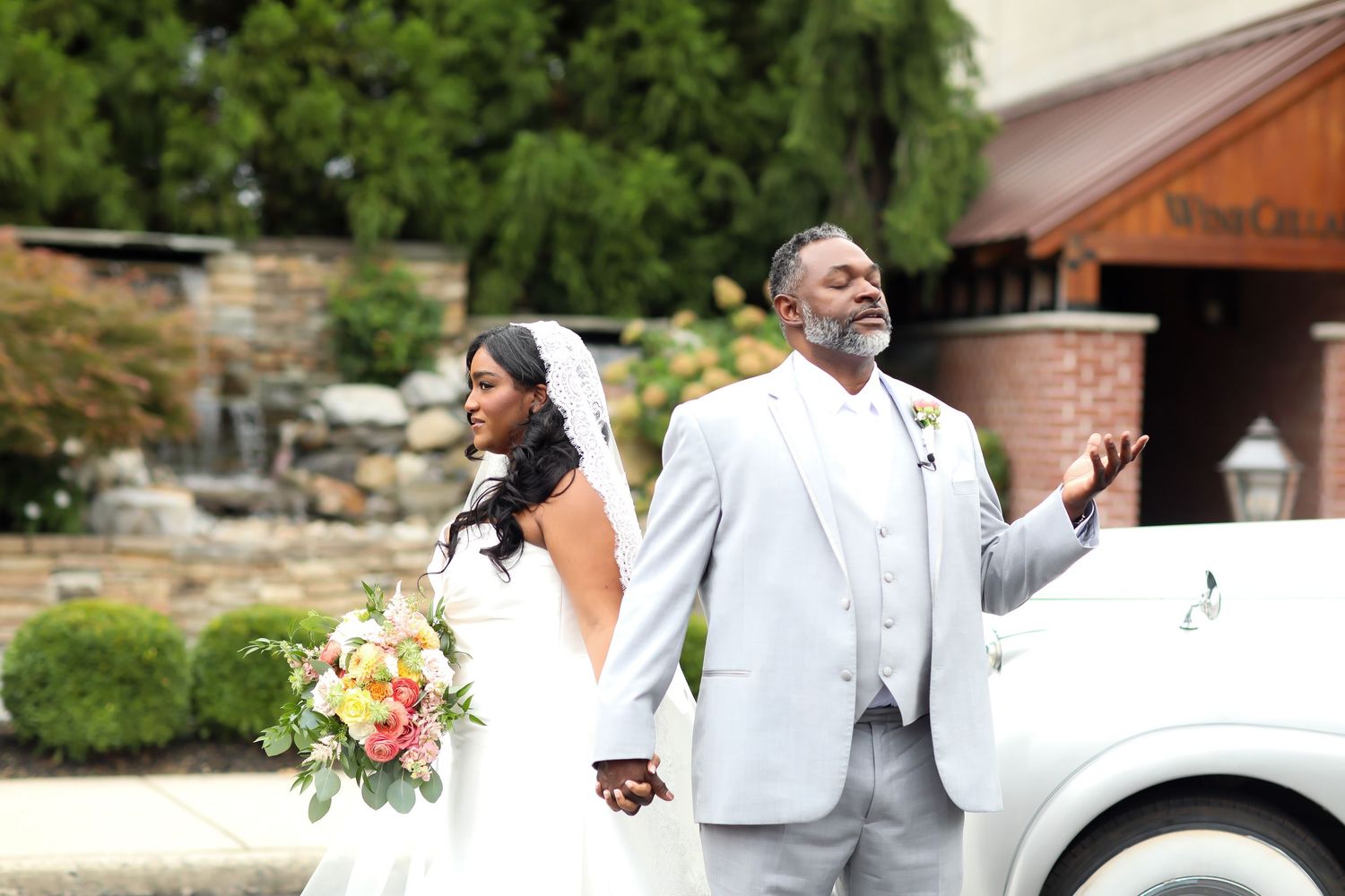 A wedding photo sequence showing joyful moments between the newlyweds outdoors.