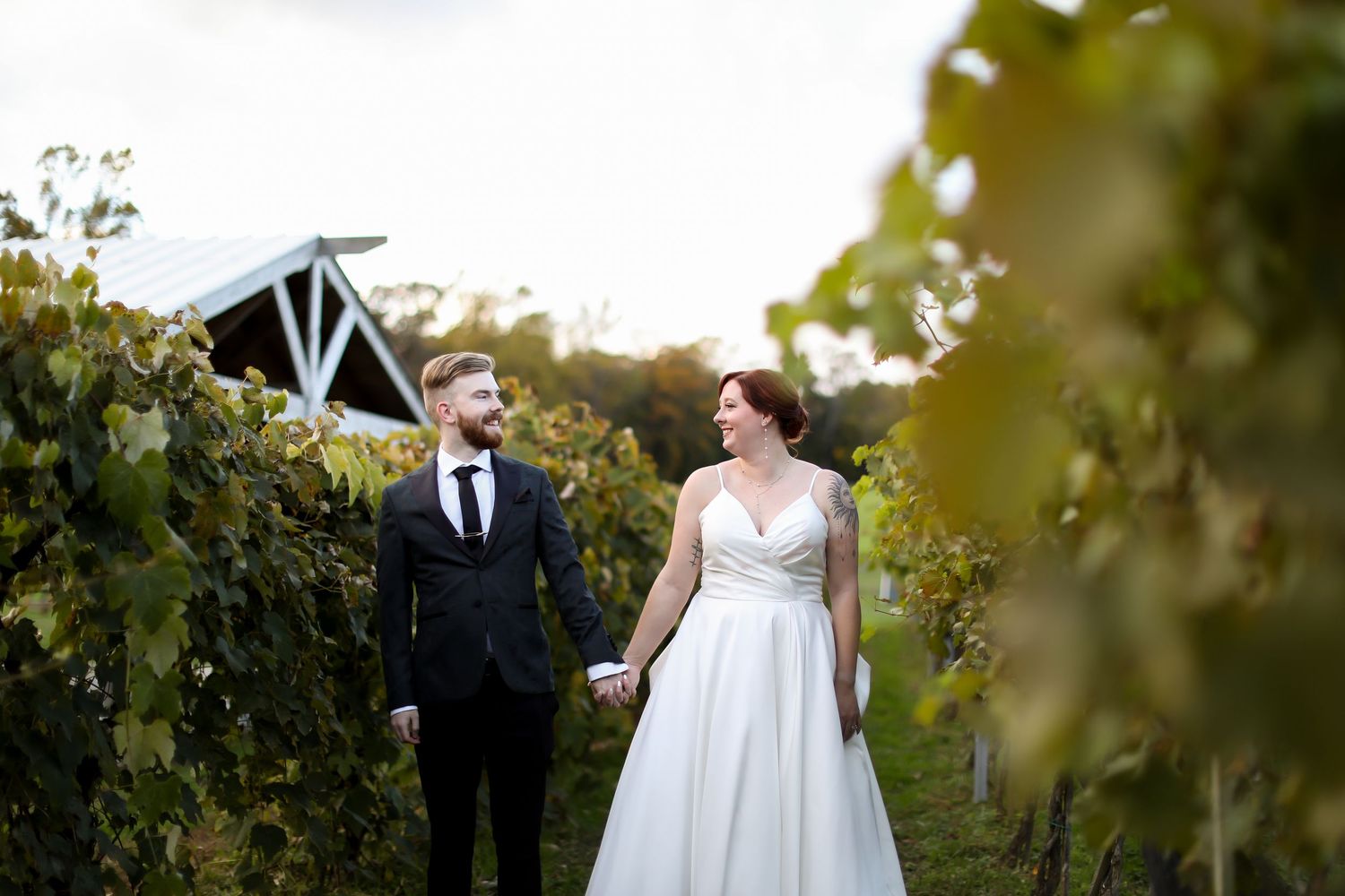 Wedding party poses in a scenic vineyard setting during golden hour.