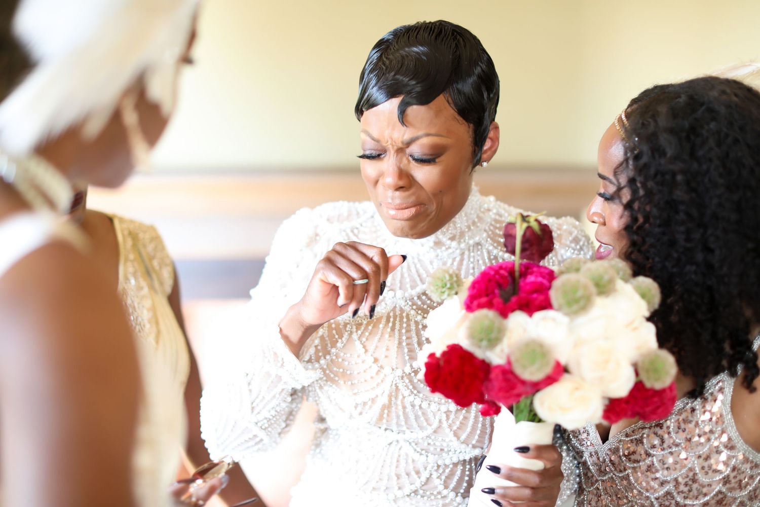 Wedding party enjoying intimate moments during reception celebrations.