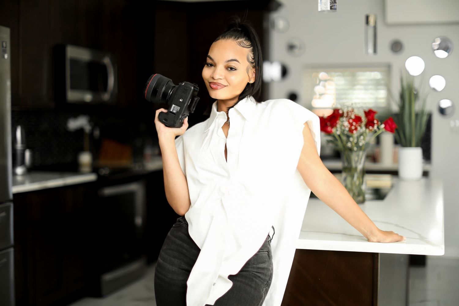 Professional business photos in bright white studio with modern decor.