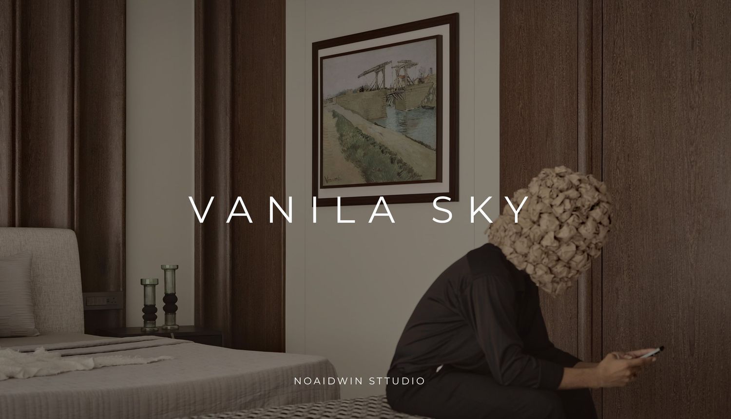 A person sitting against a wall beneath a framed landscape painting, with text reading Vanila Sky by Noaidwin Studio.