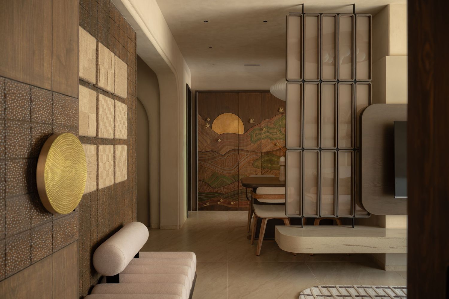 Japanese-inspired interior hallway with wooden panels, gold circular wall art, lattice screen divider, and warm ambient lighting.