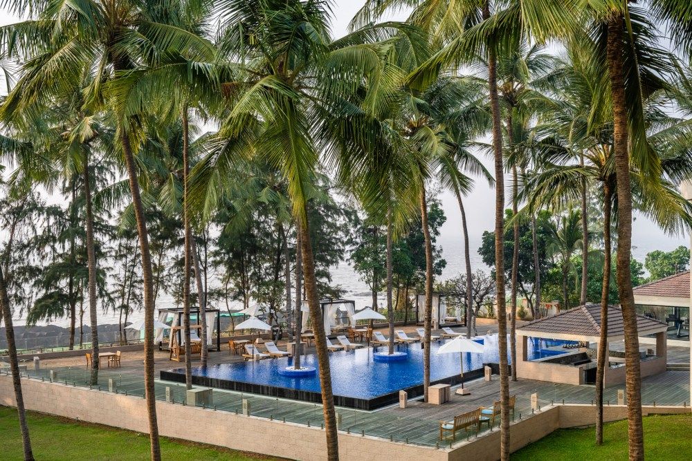 Aerial view of a beachside infinity pool surrounded by tall palm trees and lounge chairs.