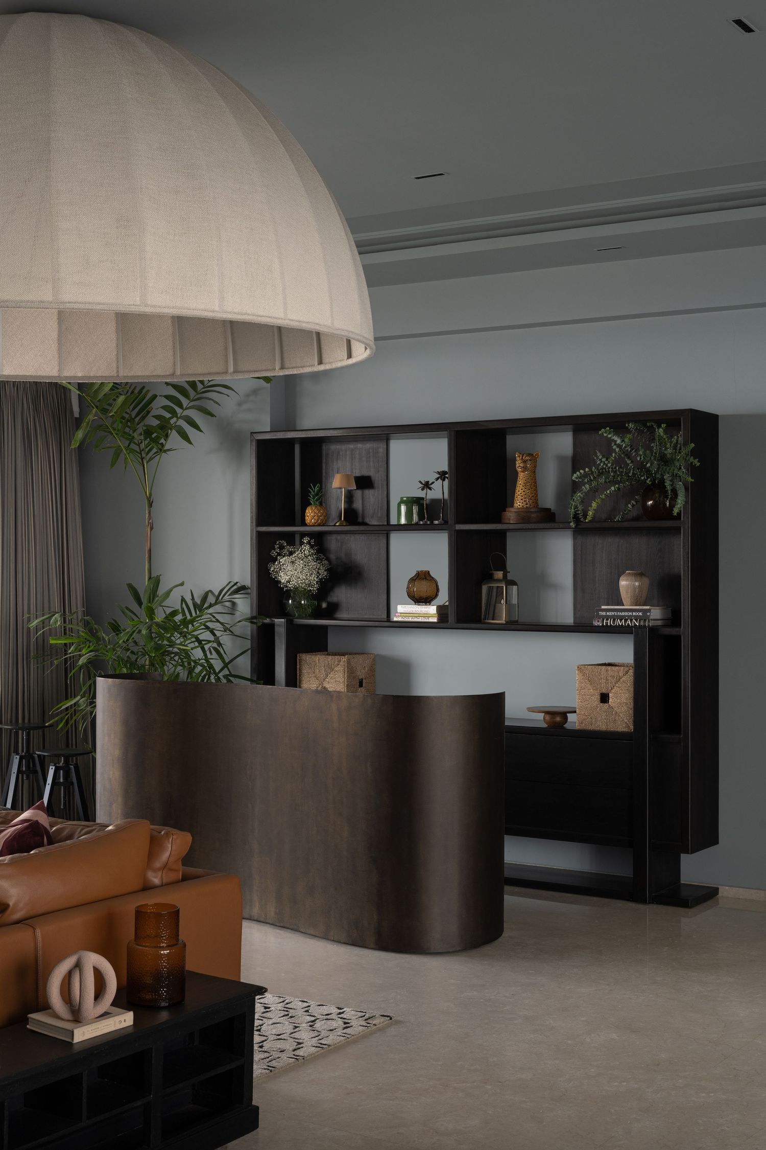 Modern interior with dark wood reception desk, black shelving unit with plants, and a large dome pendant light.